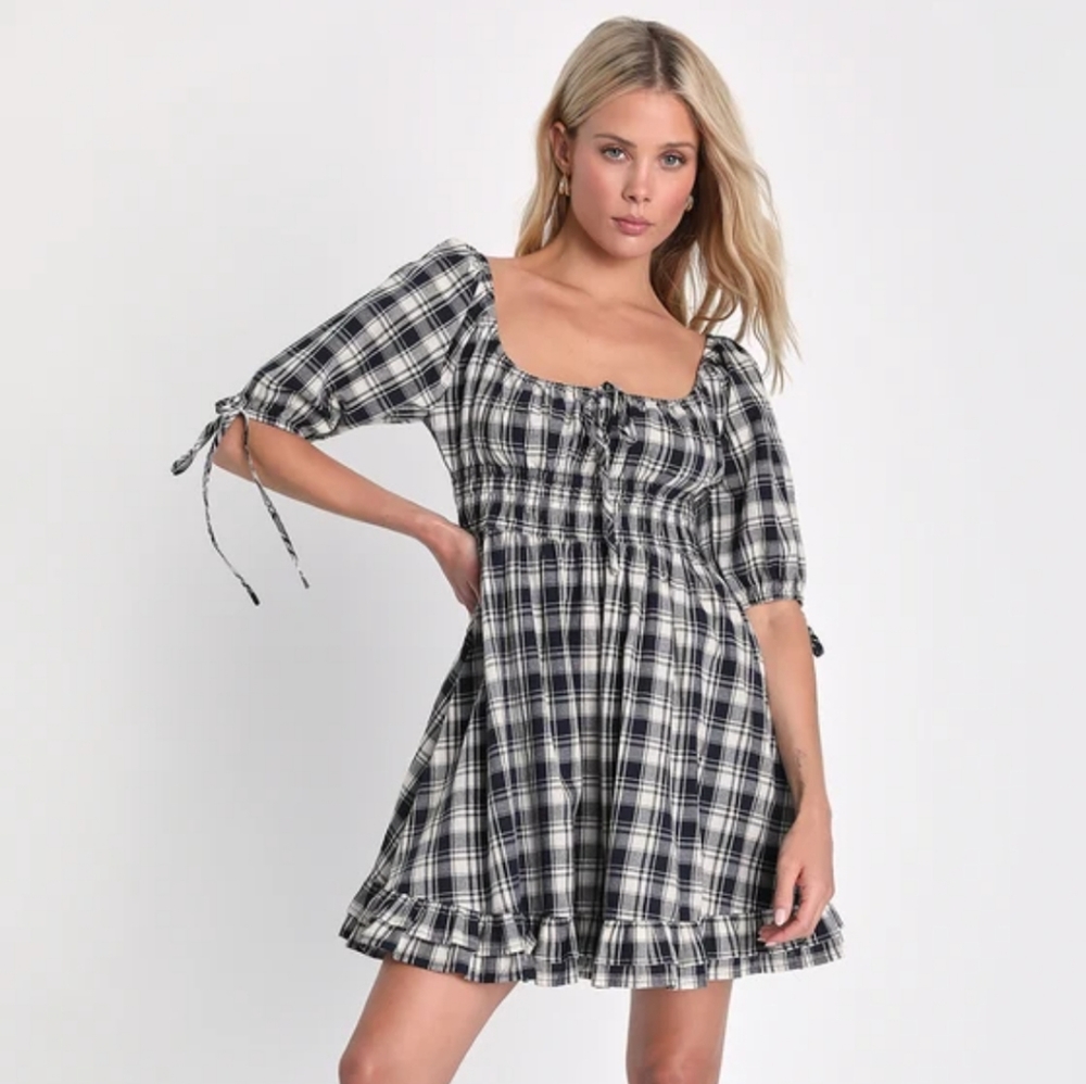 NWT Blue Plaid Short Ruffle Dress